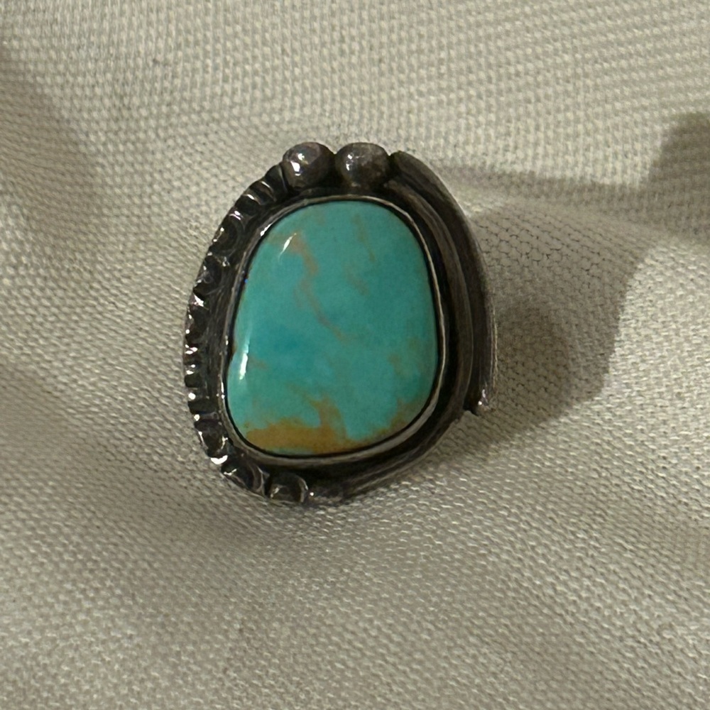 Vintage HECHO EN MEXICO Blue Brown Turquoise Sterling Silver Ring 5.75